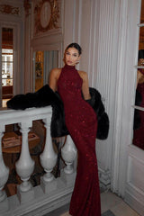 Mermaid Prom Dress Sleeveless High Neck Sequined Formal Dress