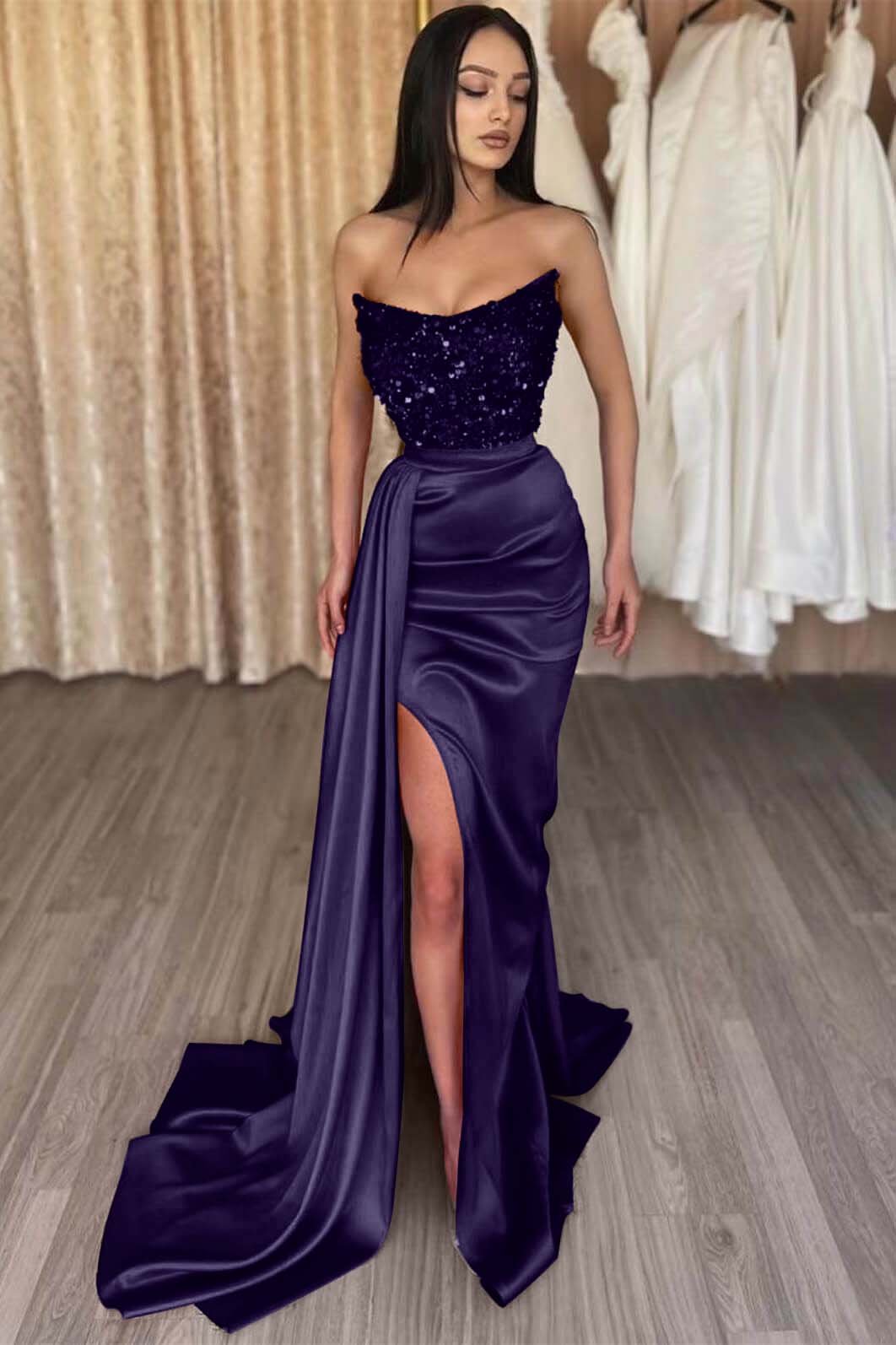 Mermaid Prom Dress Strapless Satin Sequined Formal Dress