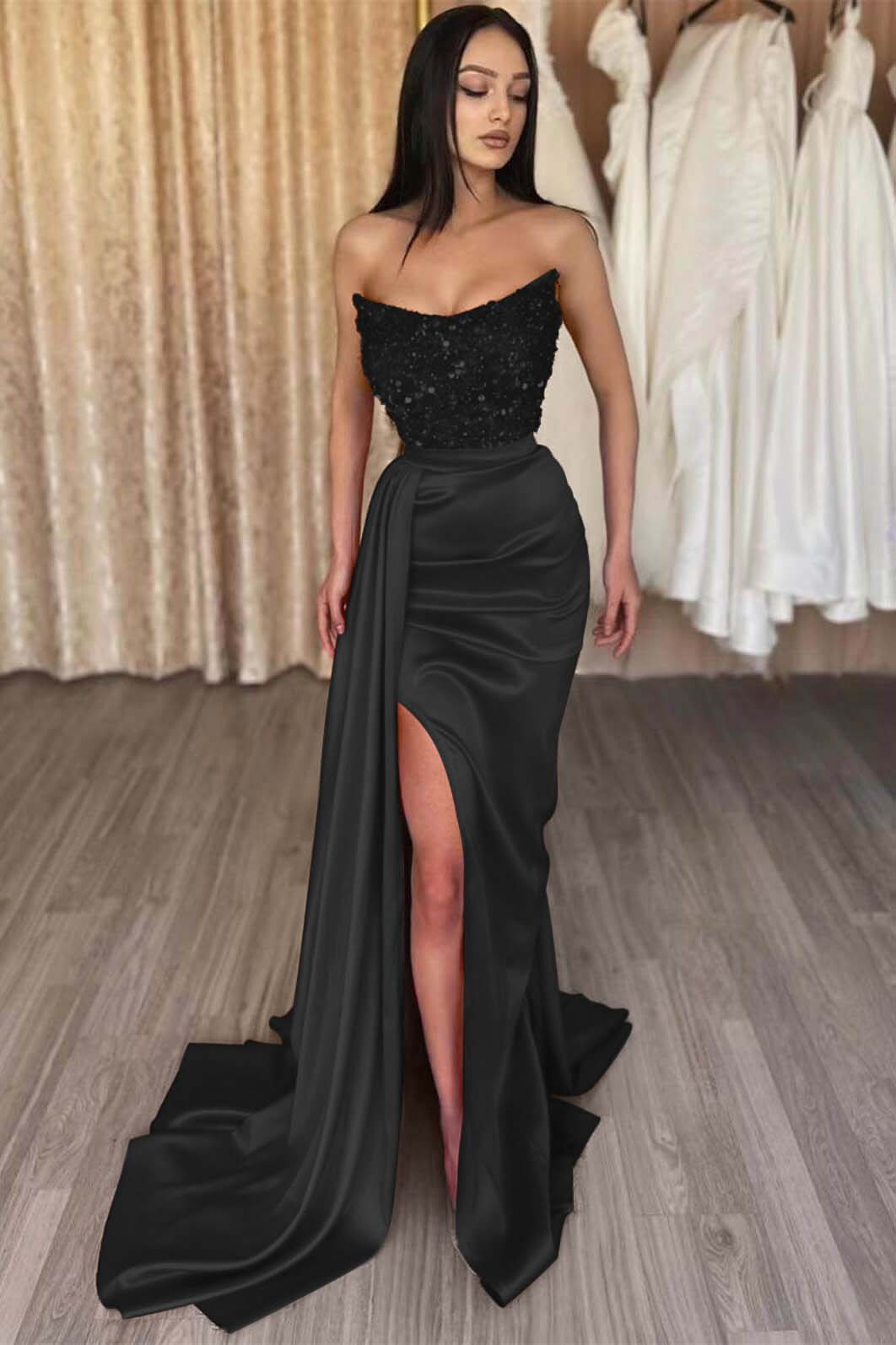 Mermaid Prom Dress Strapless Satin Sequined Formal Dress