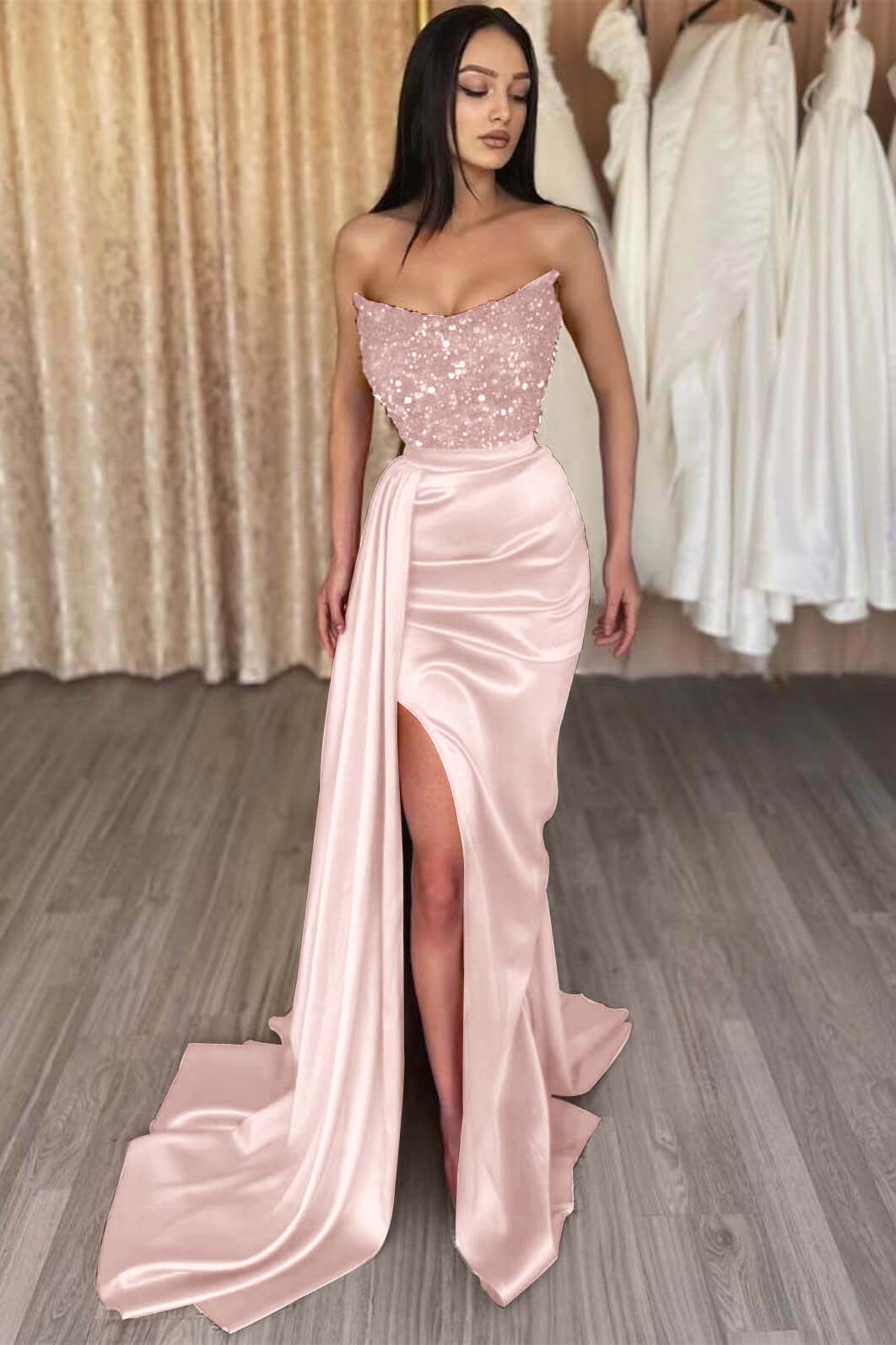 Mermaid Prom Dress Strapless Satin Sequined Formal Dress
