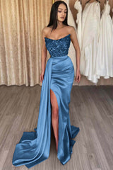Mermaid Prom Dress Strapless Satin Sequined Formal Dress