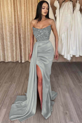 Mermaid Prom Dress Strapless Satin Sequined Formal Dress