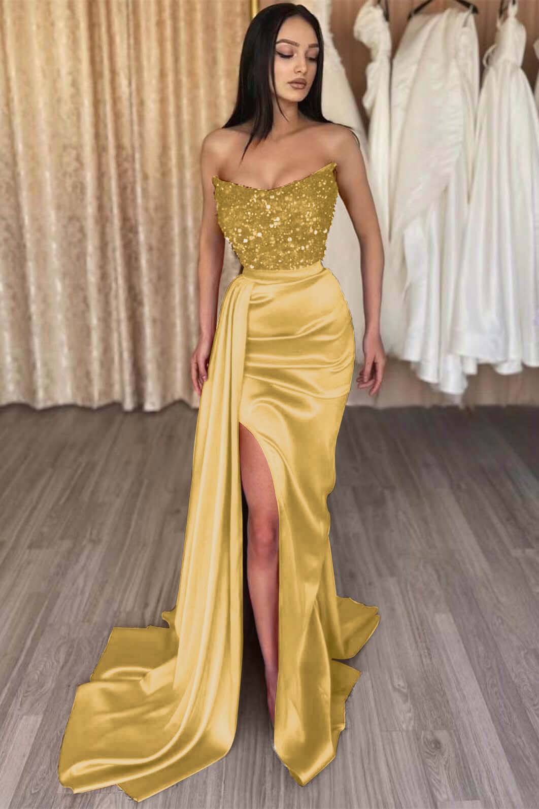 Mermaid Prom Dress Strapless Satin Sequined Formal Dress