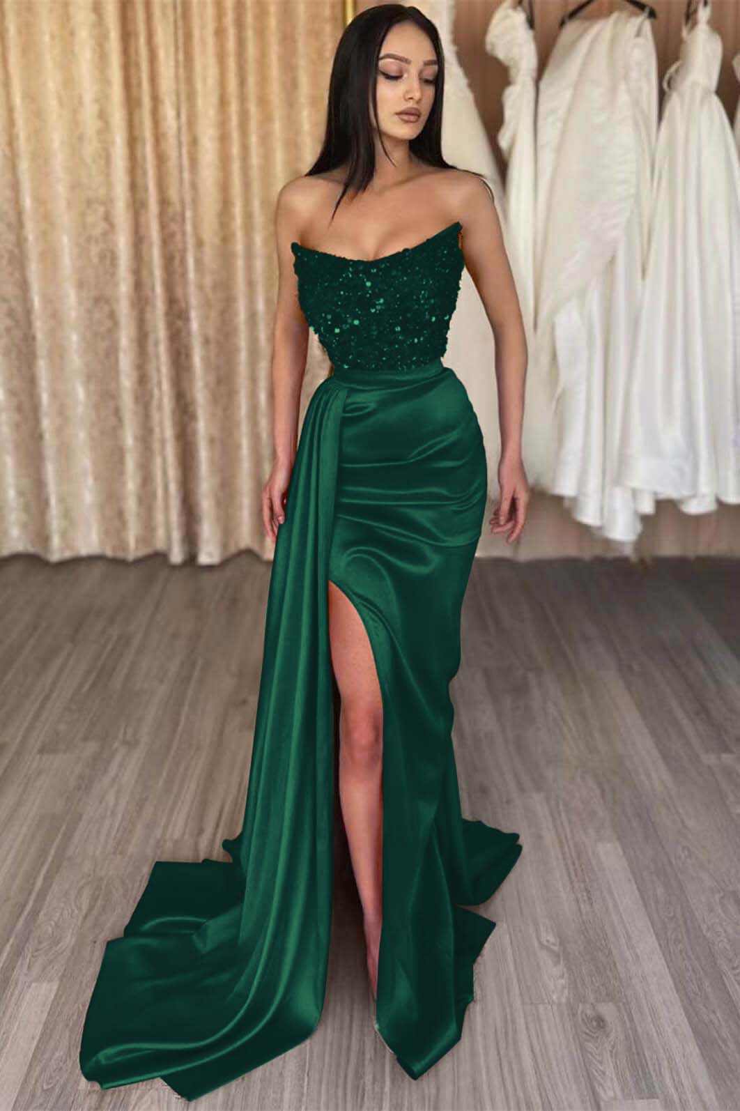 Mermaid Prom Dress Strapless Satin Sequined Formal Dress