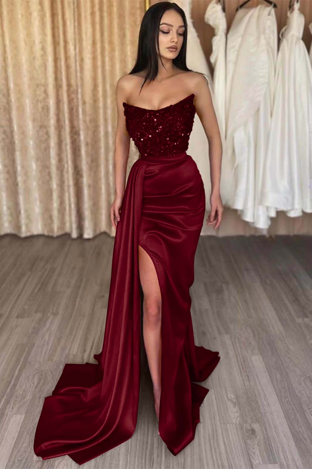 Mermaid Prom Dress Strapless Satin Sequined Formal Dress