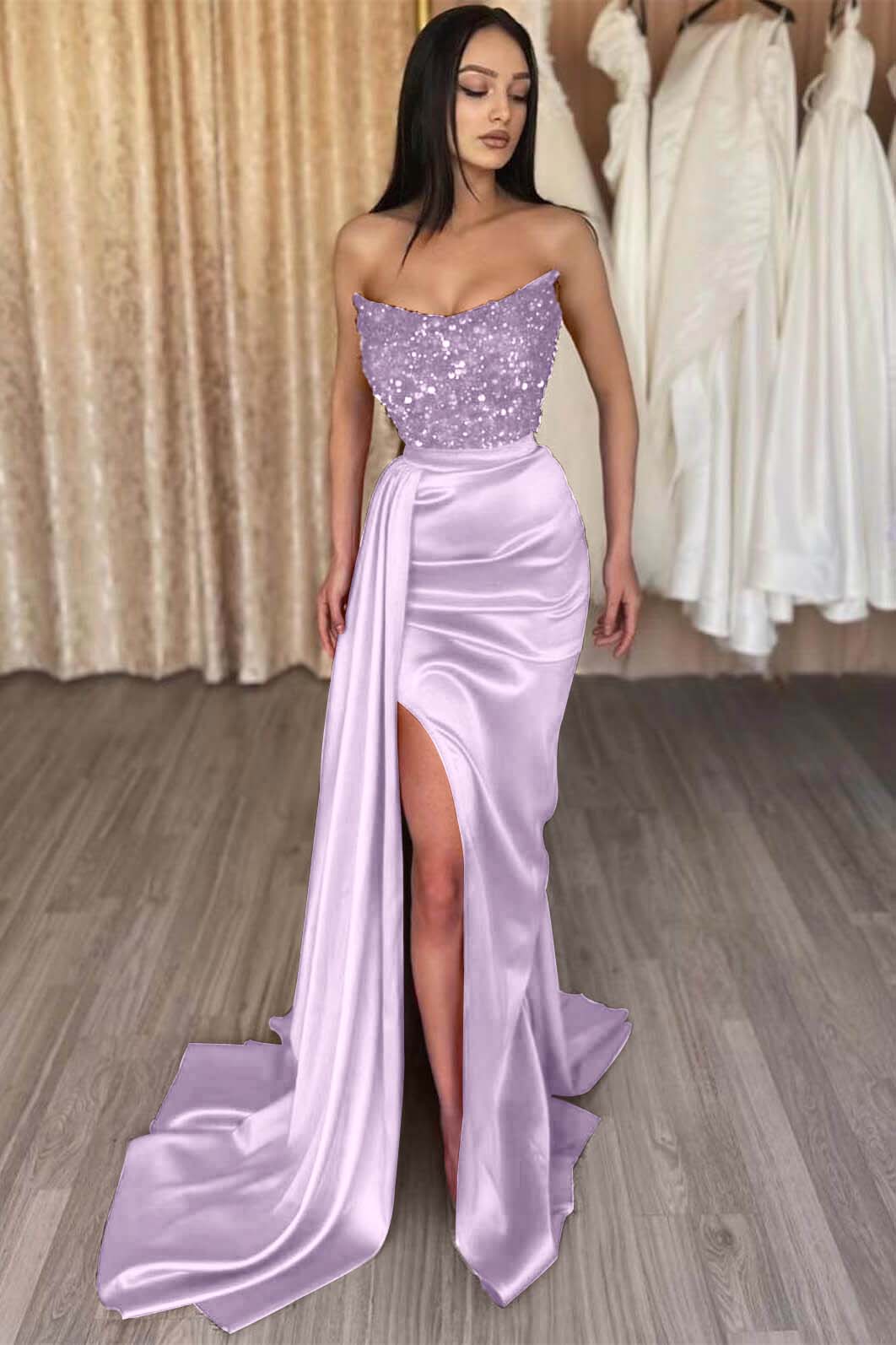 Mermaid Prom Dress Strapless Satin Sequined Formal Dress