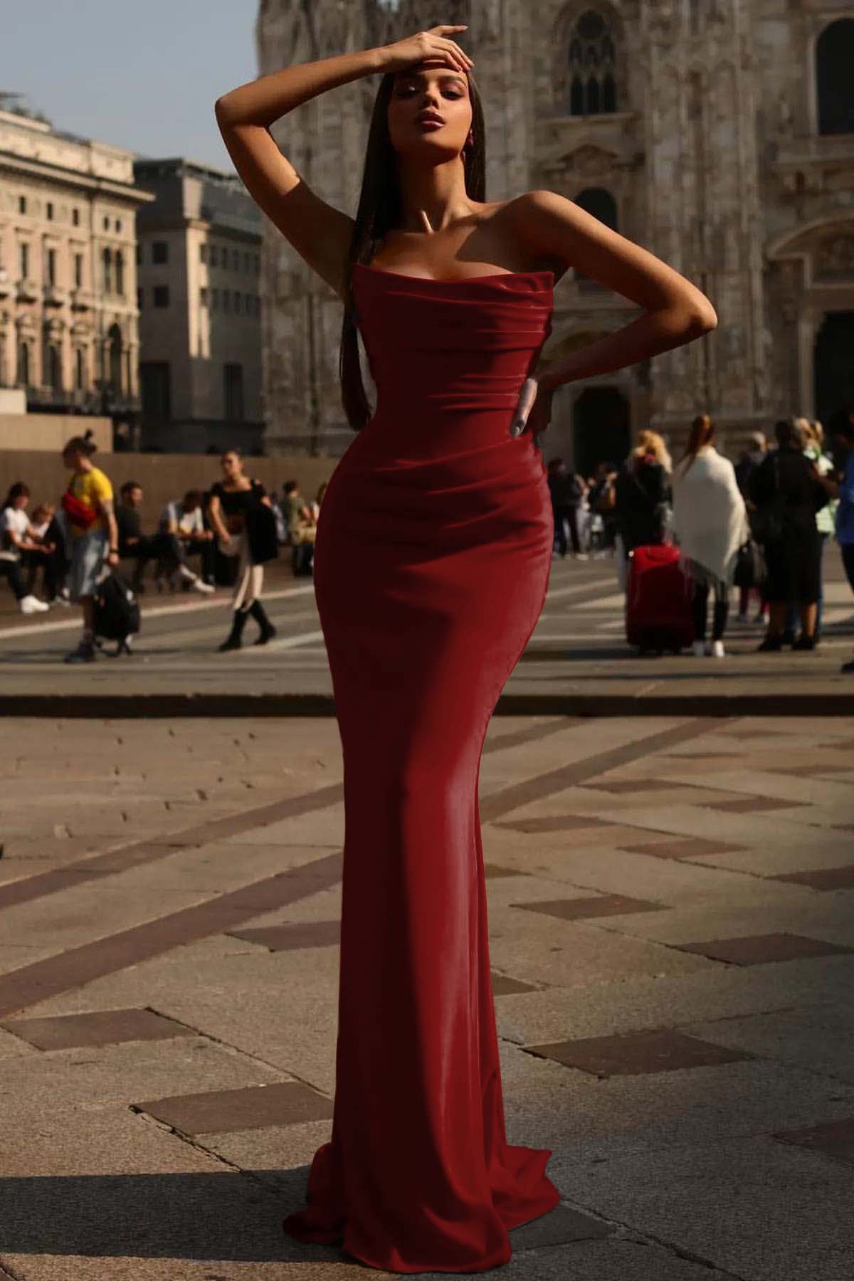 Mermaid Prom Dress Strapless Satin Sleeveless Formal Dress