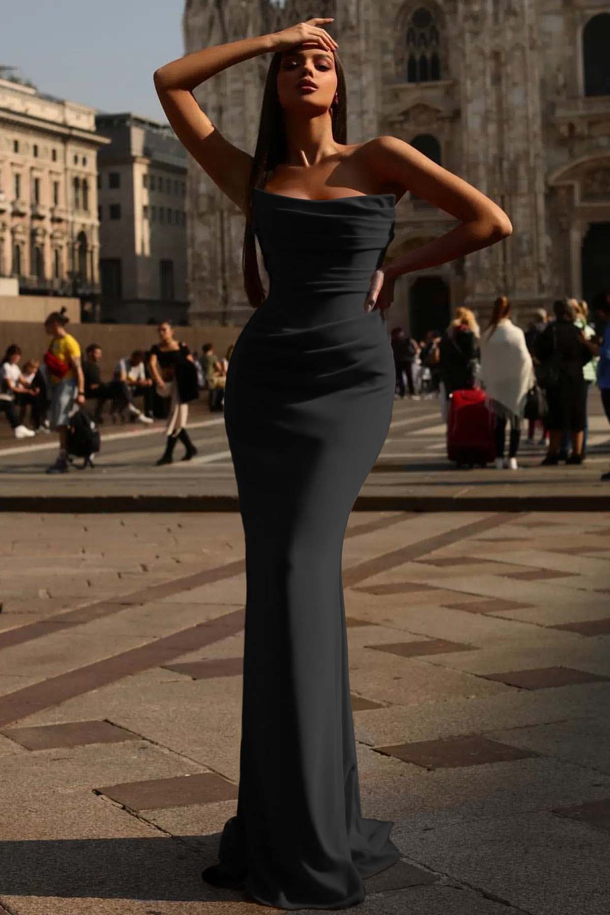 Mermaid Prom Dress Strapless Satin Sleeveless Formal Dress