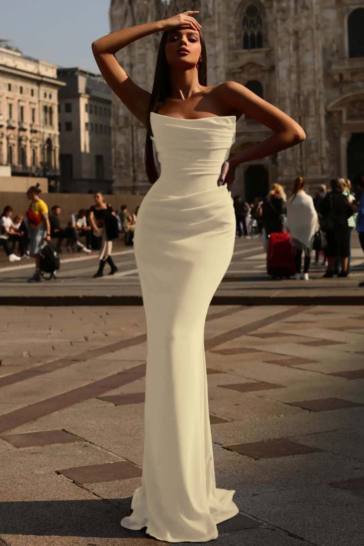 Mermaid Prom Dress Strapless Satin Sleeveless Formal Dress