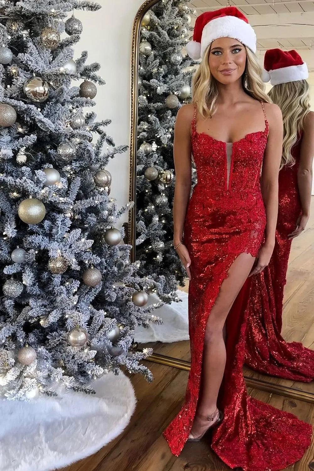 Mermaid Prom Dress With Spaghetti Straps Lace Up Back Corset Bodice And Slit Formal Evening Gown