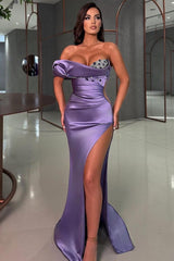 Mermaid Purple Prom Dress One Shoulder Sleeveless Rhinestones Formal Dress With Slit