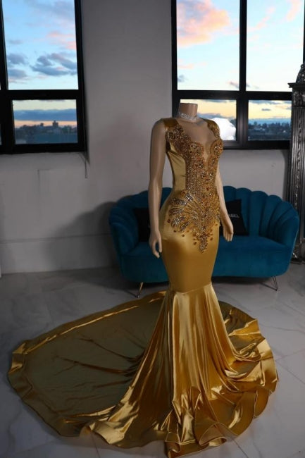 Mermaid Satin V Neck Sleeveless Yellow Formal Dress With Beading