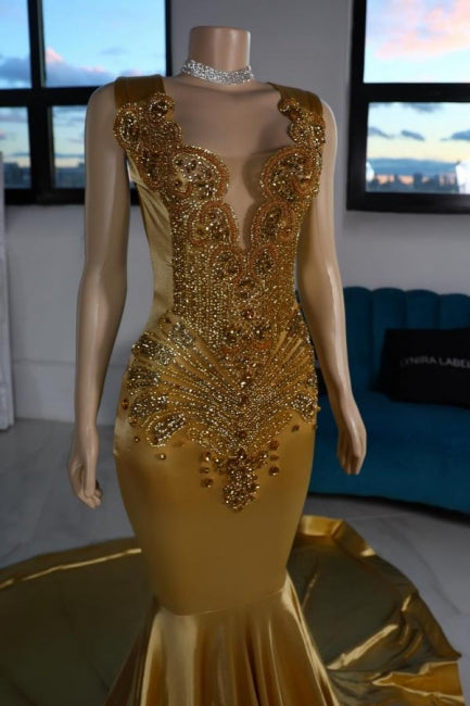 Mermaid Satin V Neck Sleeveless Yellow Formal Dress With Beading