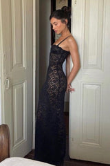 Mermaid Spaghetti Straps Black Lace Long Party Dress Formal Evening Gown