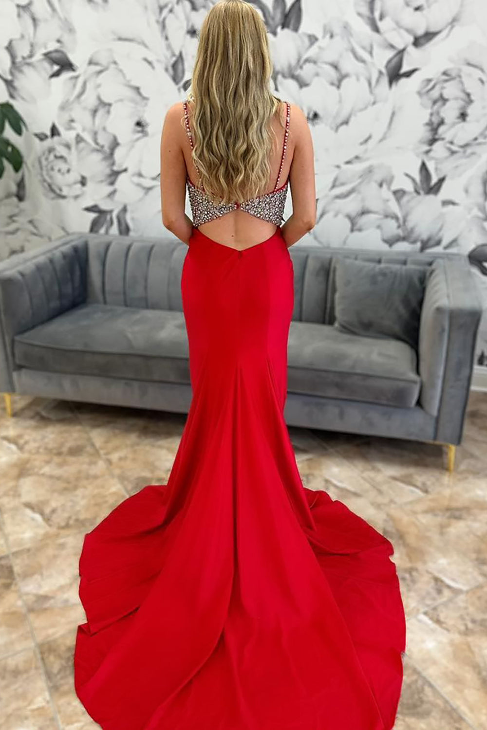 Mermaid Spaghetti Straps Red Prom Dress Long Formal Dress With Slit