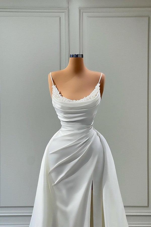 Mermaid Spaghetti Straps Wedding Dress Floor Length Sleeveless High Split Bridal Gown With Side Train