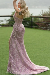 Mermaid Strapless Lace Glitter Sleeveless Formal Dress With Slit