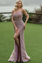 Mermaid Strapless Lace Glitter Sleeveless Formal Dress With Slit