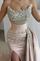 Mermaid Strapless Satin Jewels Formal Dress With Side Slit