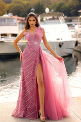 Mermaid Strapless Sleeveless Sequined Panel Train Tulle Formal Dress With Silt