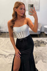 Black & Silver Strapless Structured Corset Top Beading Prom Dress With High Slit Formal Evening Gown