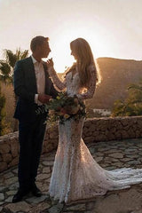 Mermaid / Trumpet V-Neck Long Sleeves Wedding Dresses Court Train with Appliques