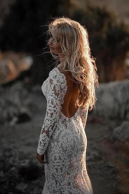 Mermaid / Trumpet V-Neck Long Sleeves Wedding Dresses Court Train with Appliques