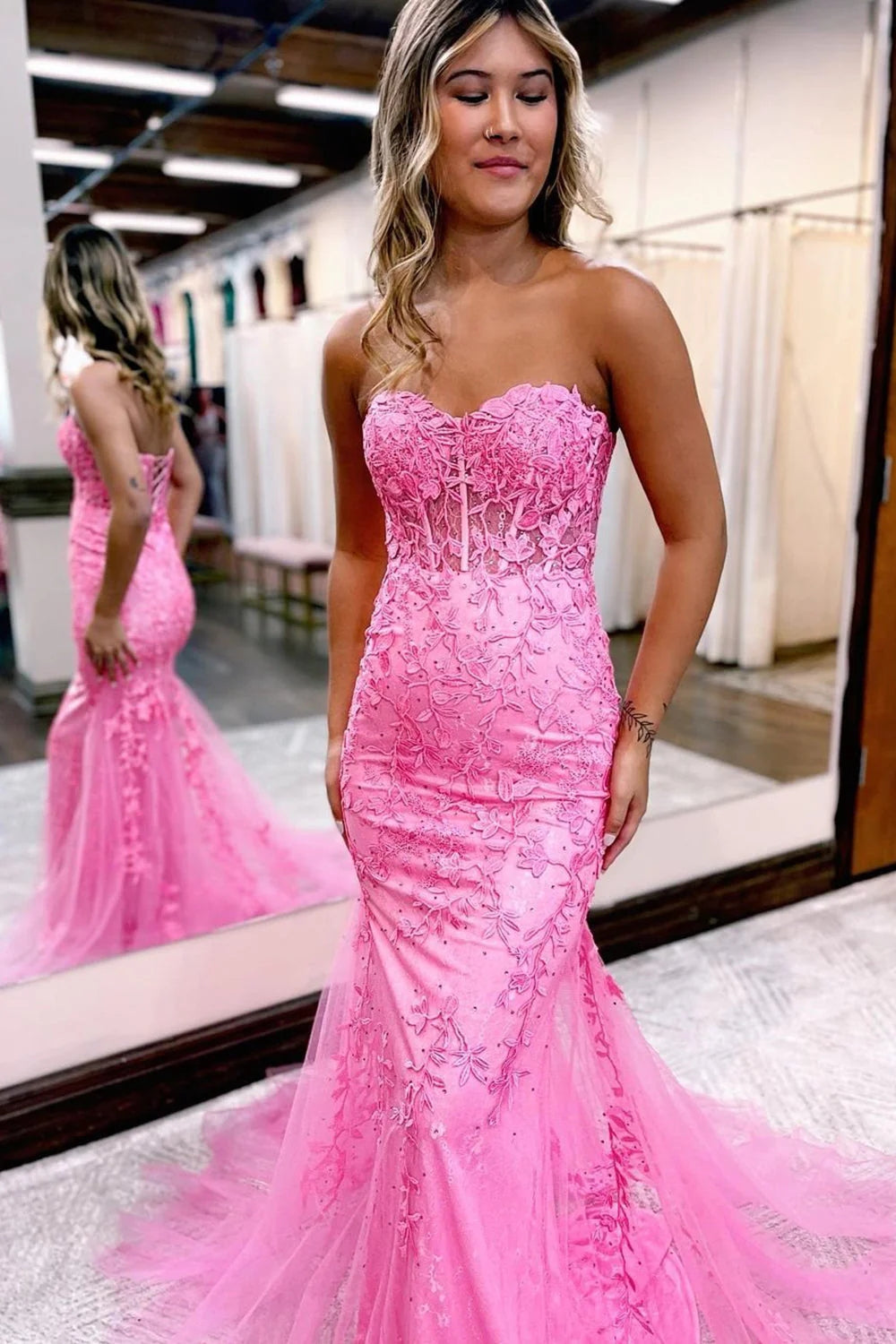 Mermaid Tulle Prom Dress Lace Up Long Formal Dress with Appliques