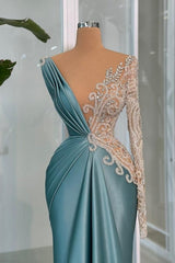 Mermaid V Neck Lace Rhinestones Satin Sleeve Formal Dress