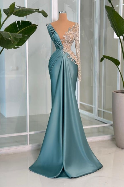 Mermaid V Neck Lace Rhinestones Satin Sleeve Formal Dress