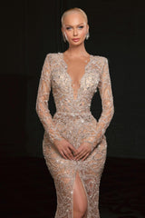 Mermaid V Neck Sleeves Beaded Sequined Slit Tulle Formal Dress With Rhinestones