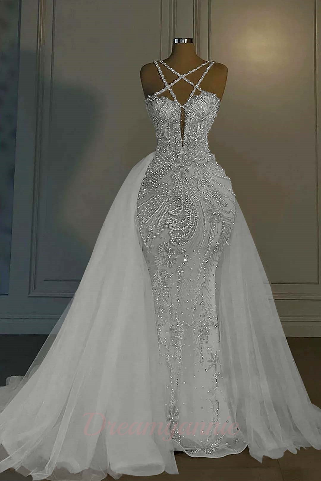Mermaid V Neck Spaghetti Strap Heavy Bridal Gown With Beadings