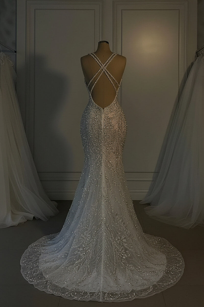 Mermaid V Neck Spaghetti Strap Heavy Bridal Gown With Beadings