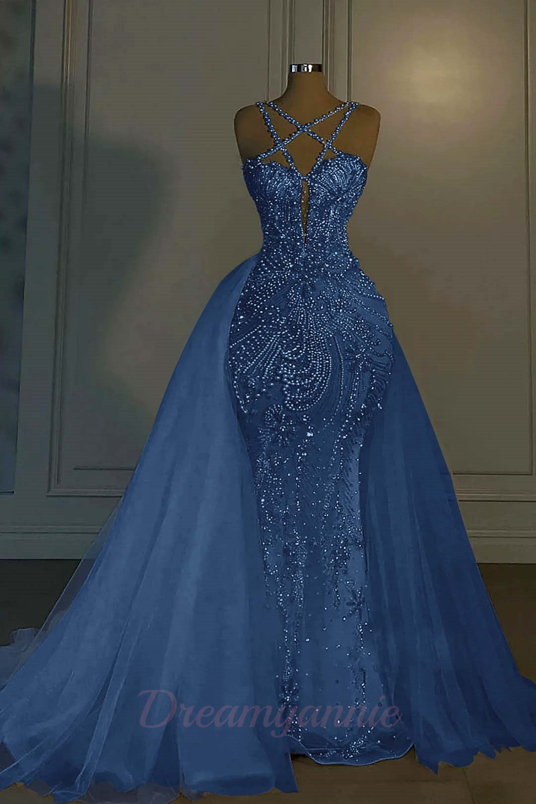 Mermaid V Neck Spaghetti Strap Heavy Bridal Gown With Beadings