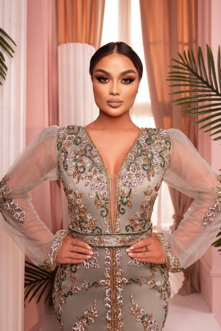 Mermaid V Neck Tulle Sleeves Embroidery Sweep Train Satin Formal Dress With Slit