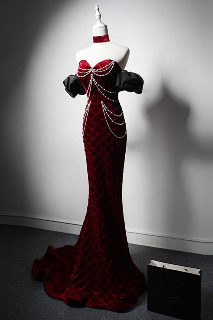 Mermaid Velvet Formal Dress Burgundy Long Evening Dress