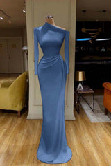 Mermaid Wedding Dress Long Sleeve Asymmetric Neck Satin Formal Dress