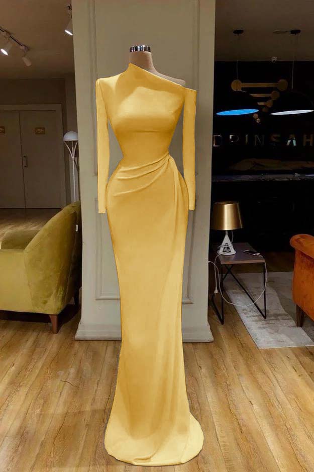 Mermaid Wedding Dress Long Sleeve Asymmetric Neck Satin Formal Dress