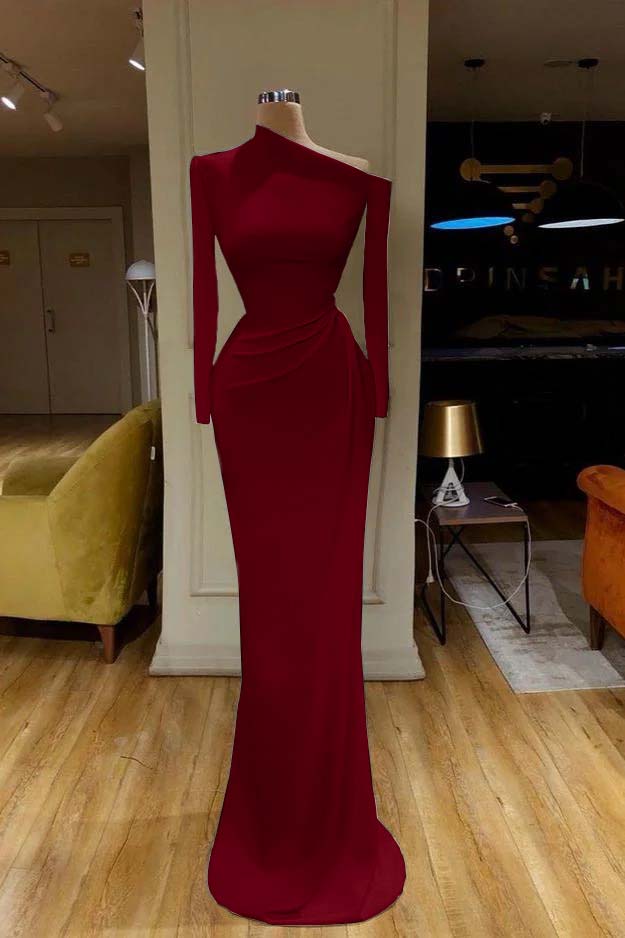 Mermaid Wedding Dress Long Sleeve Asymmetric Neck Satin Formal Dress