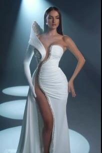 Mermaid Wedding Dress Long Sleeve One Shoulder Beaded Formal Dress