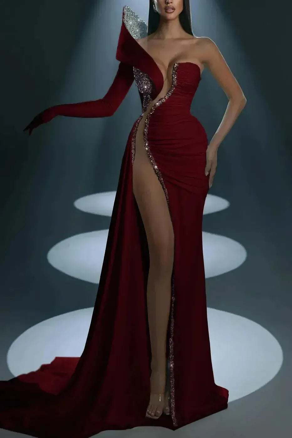 Mermaid Wedding Dress Long Sleeve One Shoulder Beaded Formal Dress
