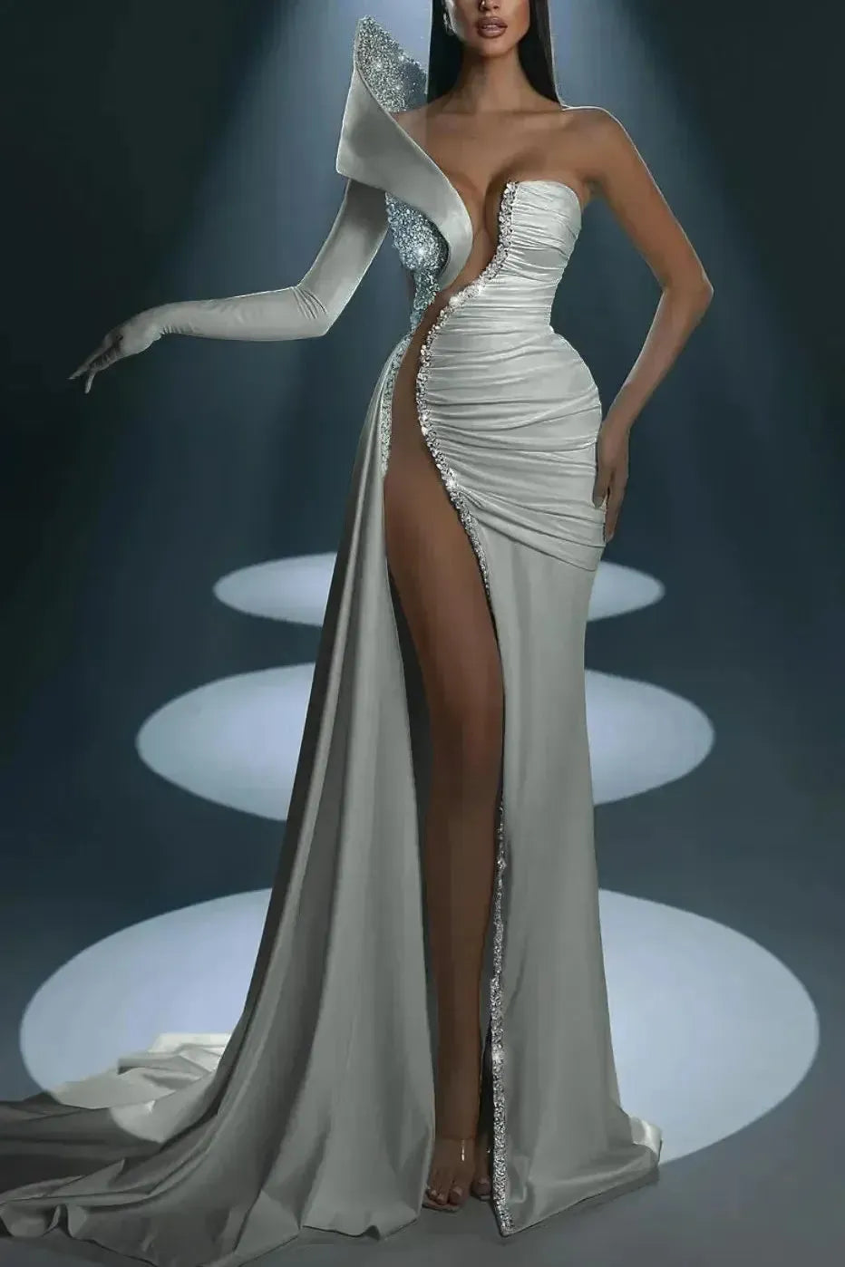 Mermaid Wedding Dress Long Sleeve One Shoulder Beaded Formal Dress