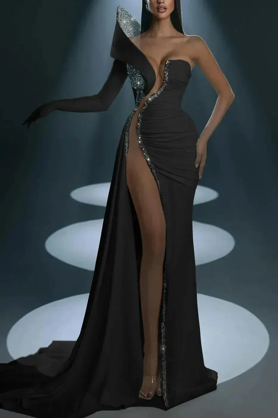 Mermaid Wedding Dress Long Sleeve One Shoulder Beaded Formal Dress