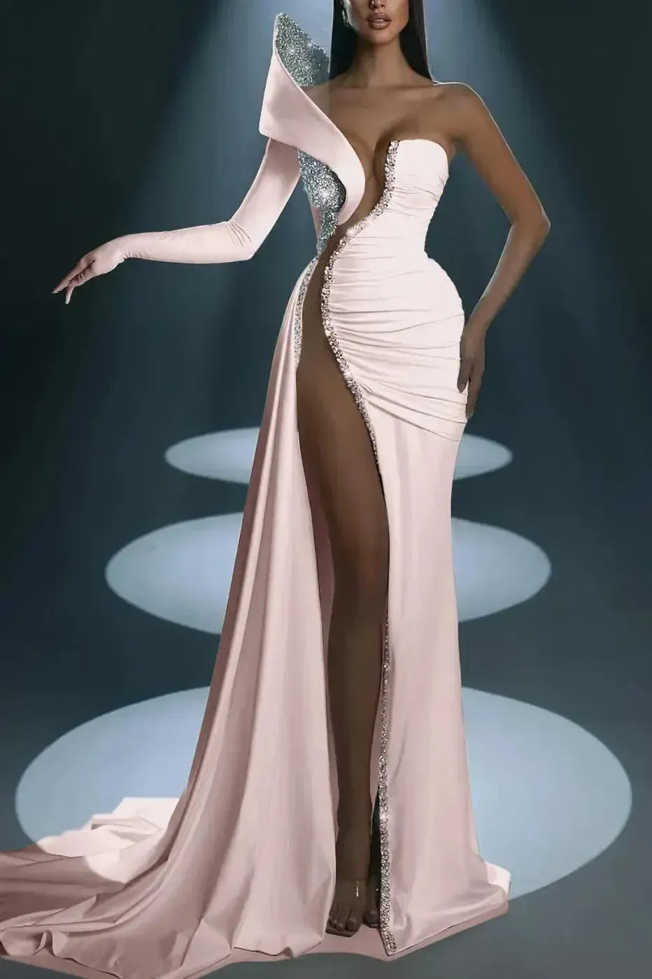 Mermaid Wedding Dress Long Sleeve One Shoulder Beaded Formal Dress