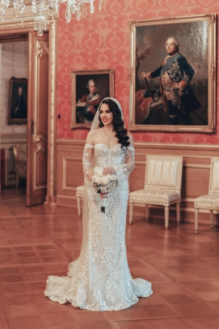 Mermaid Wedding Dress Off The Shoulder Lace Bridal Gown With Sleeves