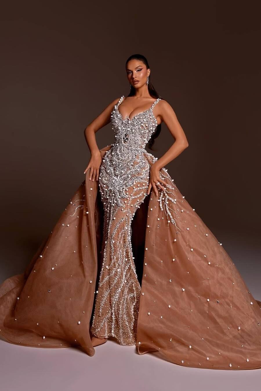 Mermaid Wedding Dress Spaghetti Straps Beaded Tulle Bridal Gown with Panel Train