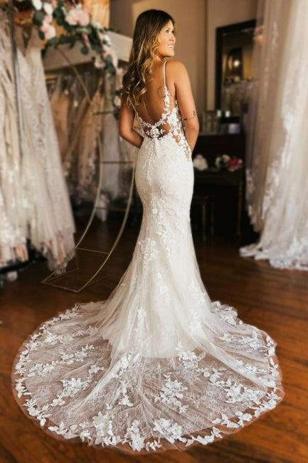 Mermaid Wedding Dress Spaghetti Straps V Neck Backless Bridal Gown