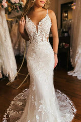 Mermaid Wedding Dress Spaghetti Straps V Neck Backless Bridal Gown
