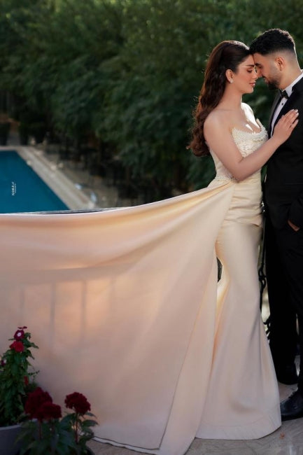 Mermaid Wedding Dress Strapless Sequined Bridal Gown With Pearls