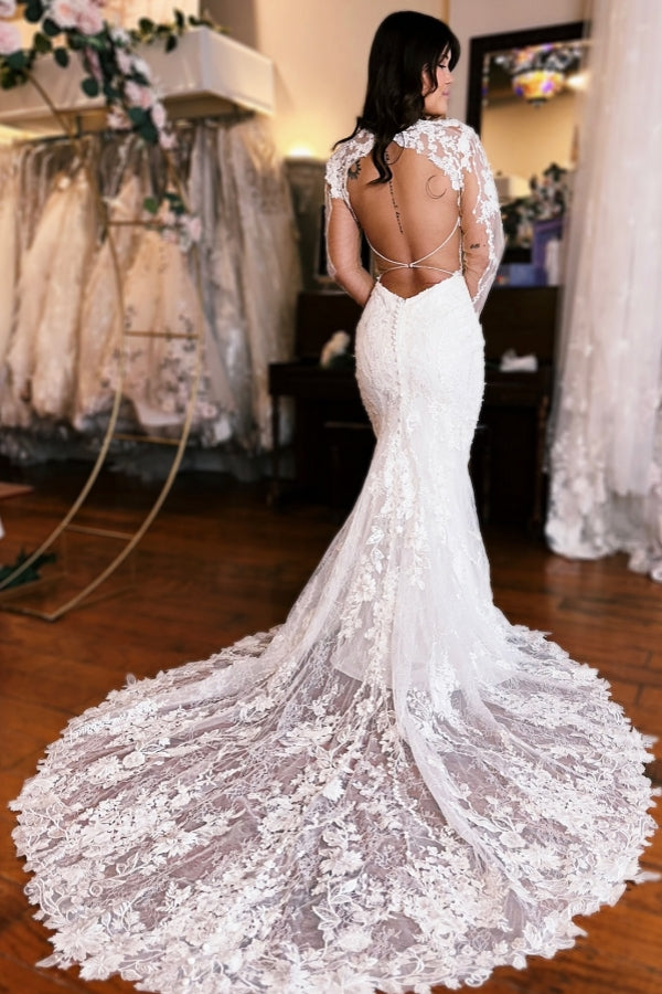 Mermaid Wedding Dress V Neck Backless Lace Bridal Gown With Sleeves